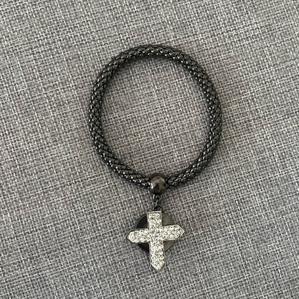 Black Mesh Stretch Bracelet with Rhinestone Cross Charm